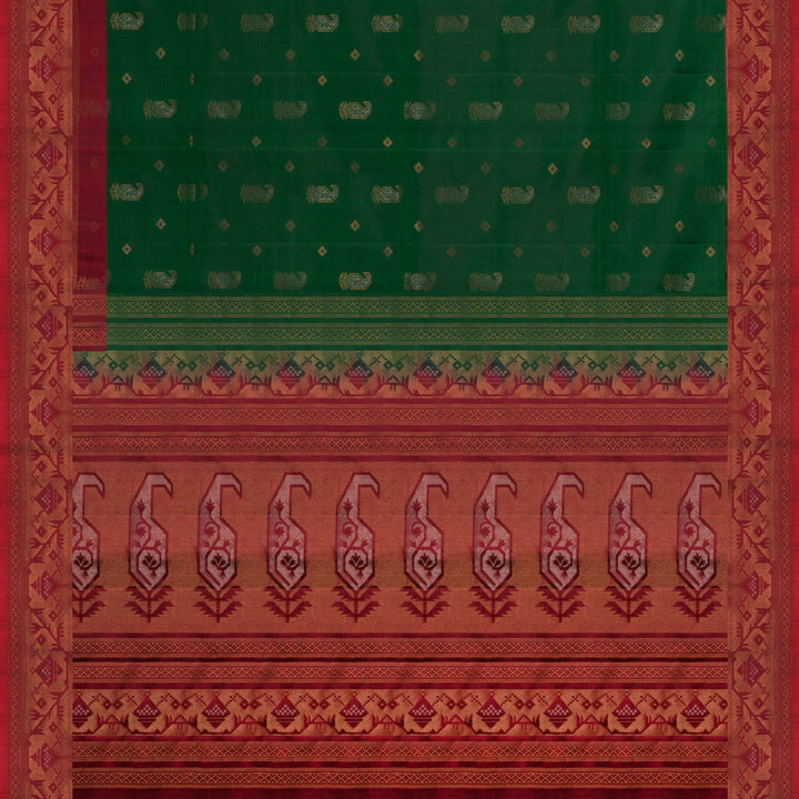 Green soft silk saree with paisley leaf buttas in gold and silver zari, maroon Paithani style border with floral vines and maroon pallu with paisley motifs.
