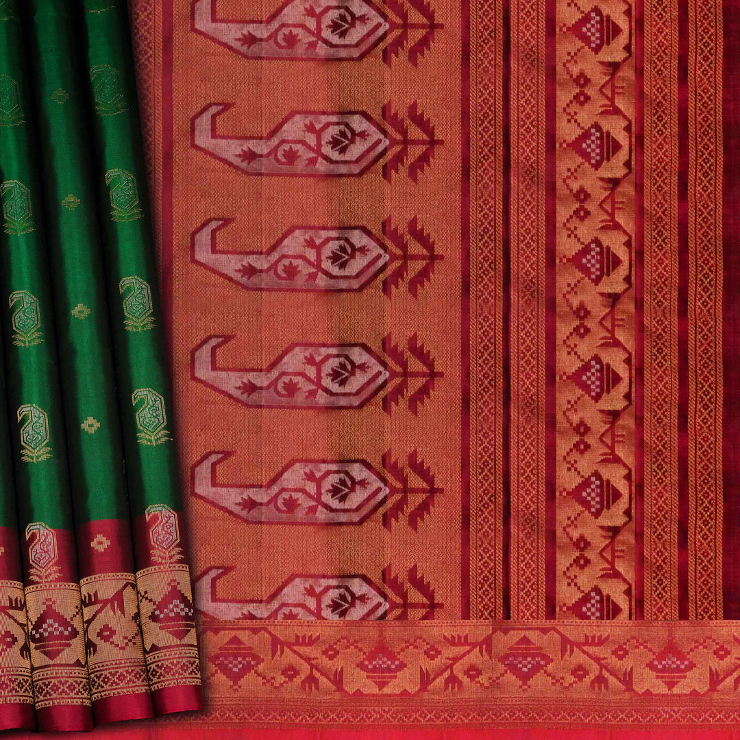 Green soft silk saree with paisley leaf buttas in gold and silver zari, maroon Paithani style border with floral vines and maroon pallu with paisley motifs.