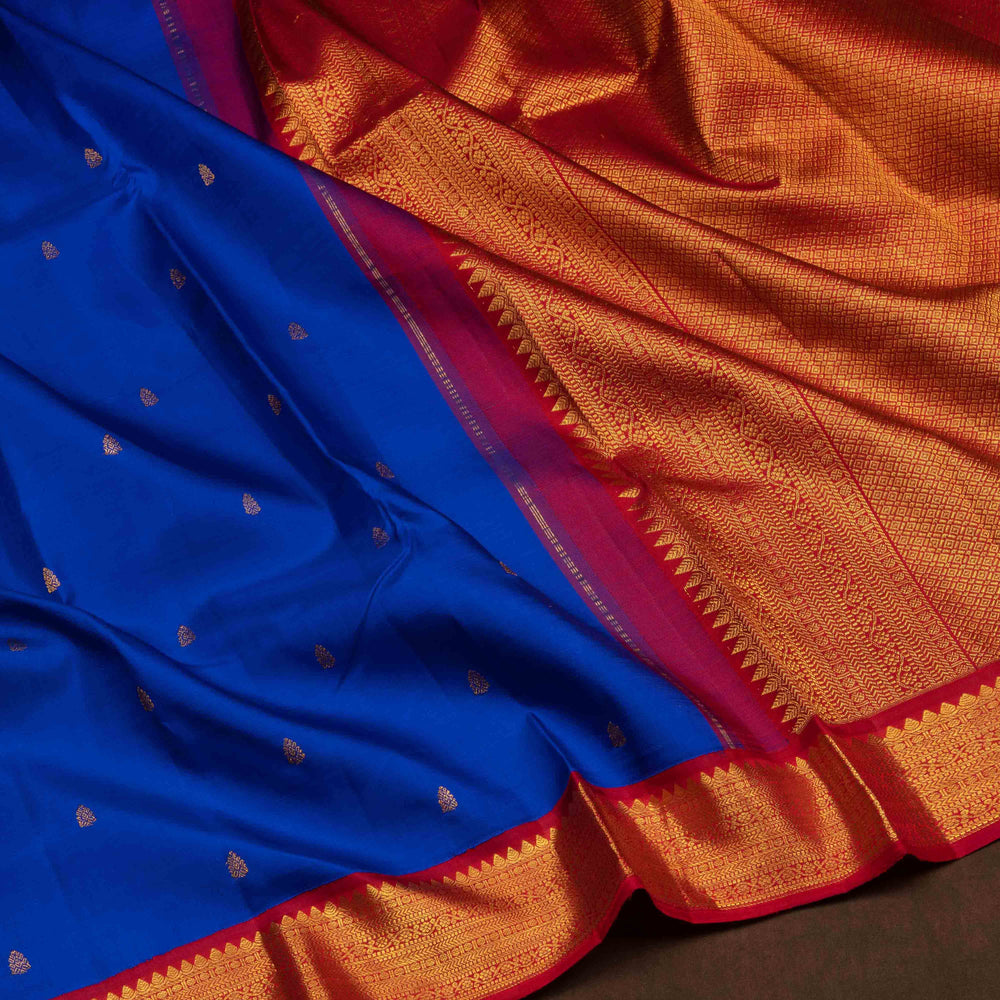Blue handwoven Kanjivaram silk saree with gold buttas, red border with chevron and floral designs, and matching pallu, paired with plain red blouse.