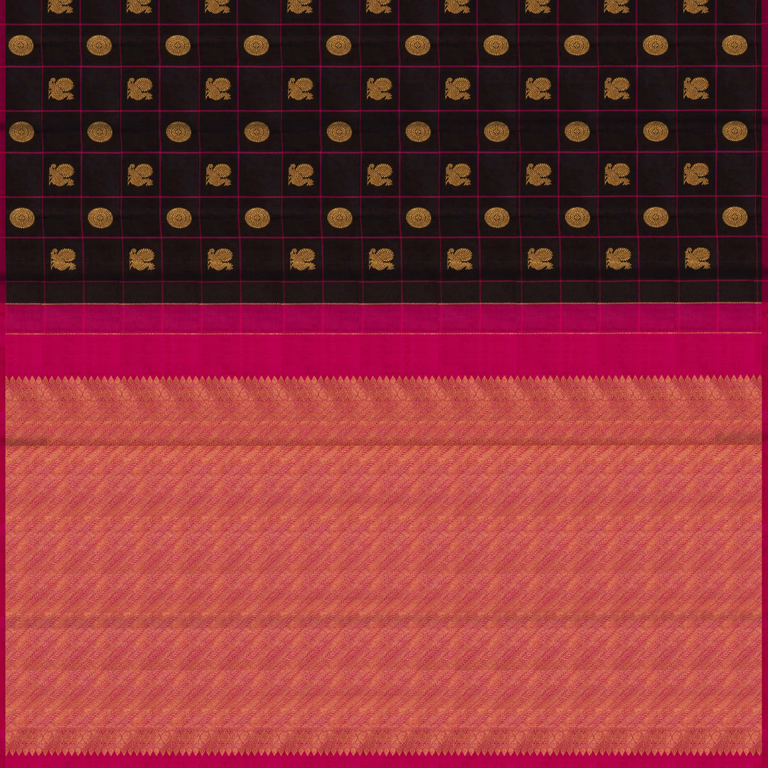 Black handwoven Kanjivaram silk saree with magenta checks, annam and chakram motifs, and pink pallu with gold zari chevron and leaf designs, paired with magenta blouse.