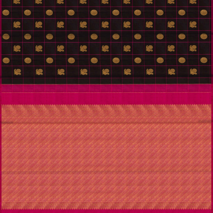 Black handwoven Kanjivaram silk saree with magenta checks, annam and chakram motifs, and pink pallu with gold zari chevron and leaf designs, paired with magenta blouse.