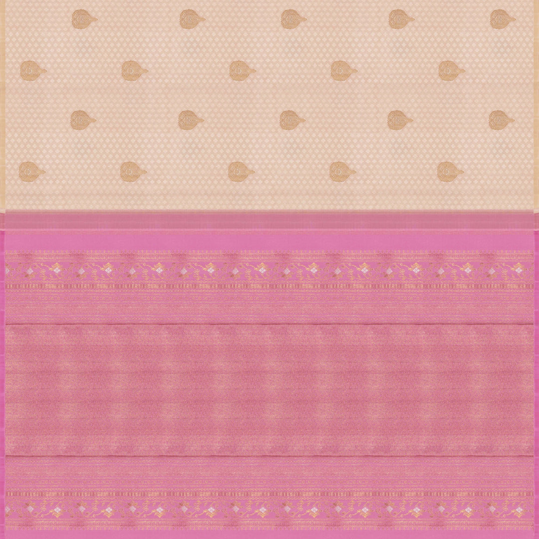 Beige handwoven Kanjivaram silk saree with self design and gold zari floral motifs, lavender border and pallu with chevron and floral patterns, paired with lavender blouse.