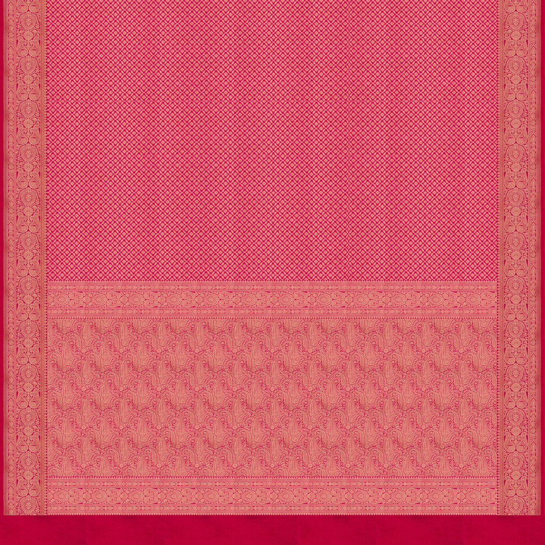 Pink Banarasi silk saree with gold brocade, diamond and vaira mookuthi buttas, paisley border with dotted and malli moggu design and matching pallu.