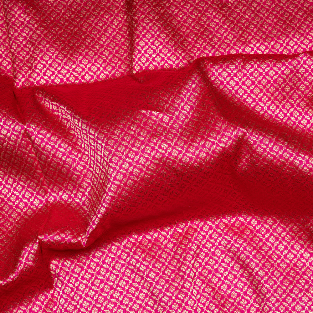 Pink Banarasi silk saree with gold brocade, diamond and vaira mookuthi buttas, paisley border with dotted and malli moggu design and matching pallu.