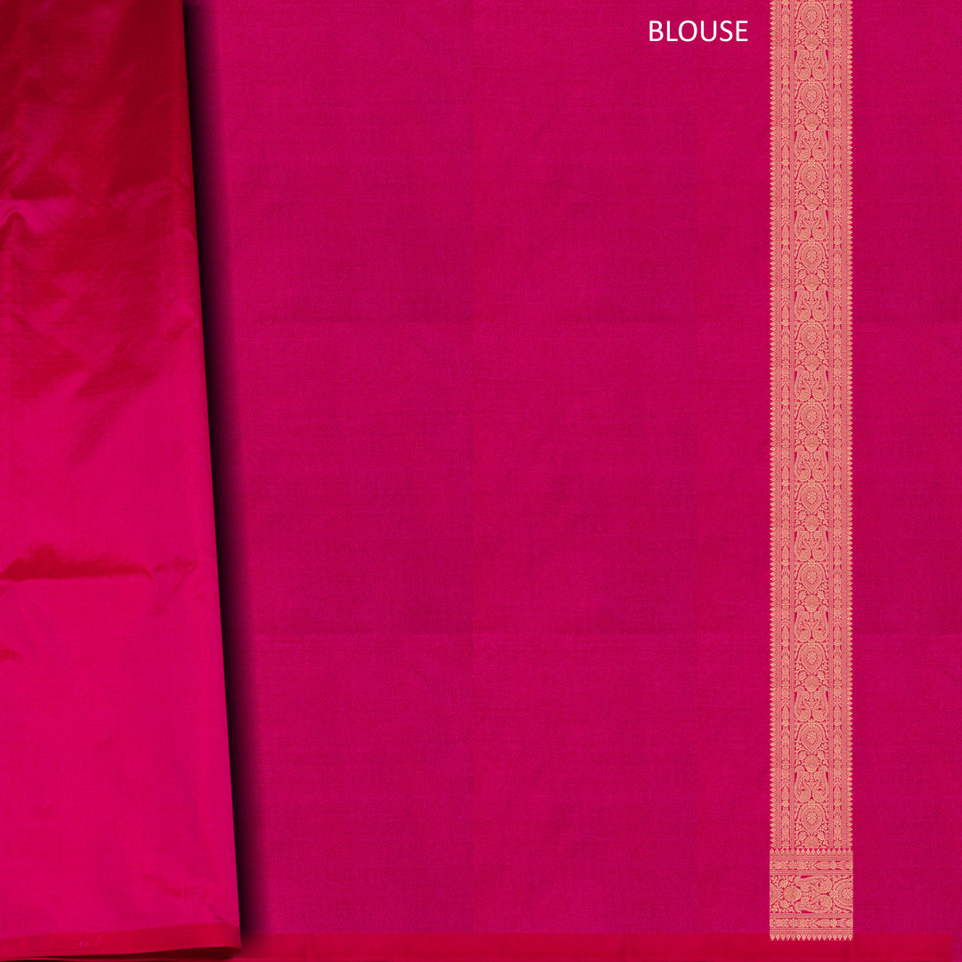 Pink Banarasi silk saree with gold brocade, diamond and vaira mookuthi buttas, paisley border with dotted and malli moggu design and matching pallu.