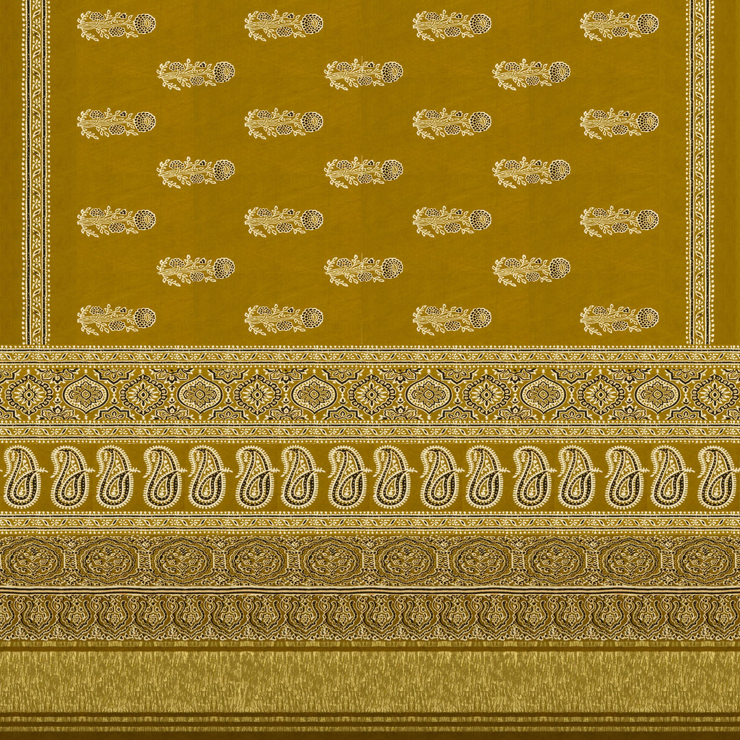 Mustard handwoven modal silk saree with floral motifs on body, Ajrakh printed border, gold zari pallu, paired with a mustard Ajrakh design blouse.