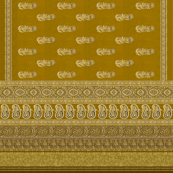 Mustard handwoven modal silk saree with floral motifs on body, Ajrakh printed border, gold zari pallu, paired with a mustard Ajrakh design blouse.