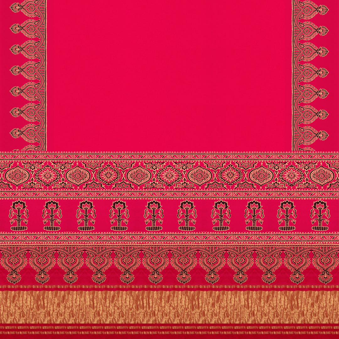 Pink handwoven modal silk  saree with plain pink body, Ajrakh printed border, gold zari pallu, paired with a pink Ajrakh design blouse.