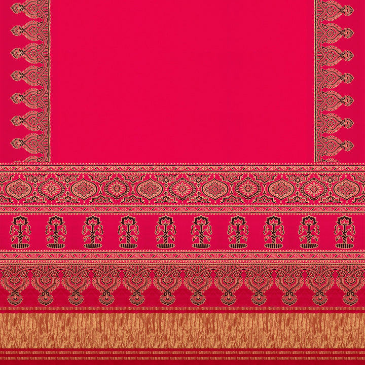 Pink handwoven modal silk  saree with plain pink body, Ajrakh printed border, gold zari pallu, paired with a pink Ajrakh design blouse.