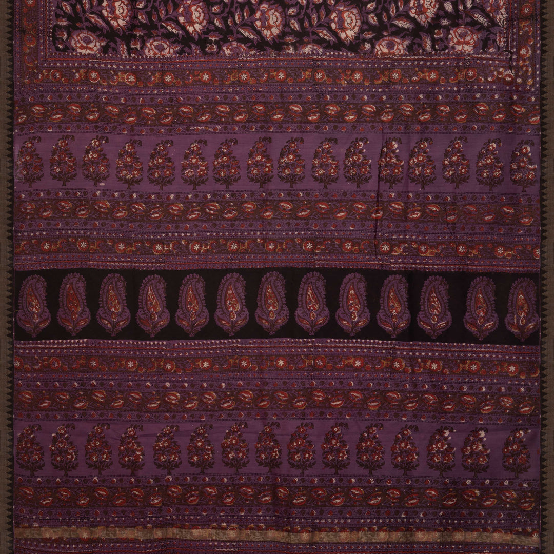 Black Chanderi Silk Saree with Ajrakh Print & Temple Border