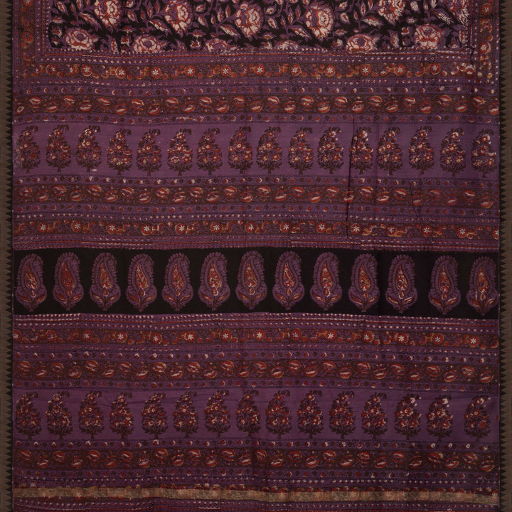 Black Chanderi Silk Saree with Ajrakh Print & Temple Border