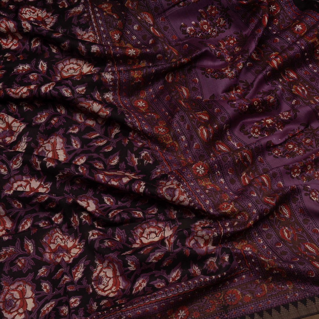 Black Chanderi Silk Saree with Ajrakh Print & Temple Border