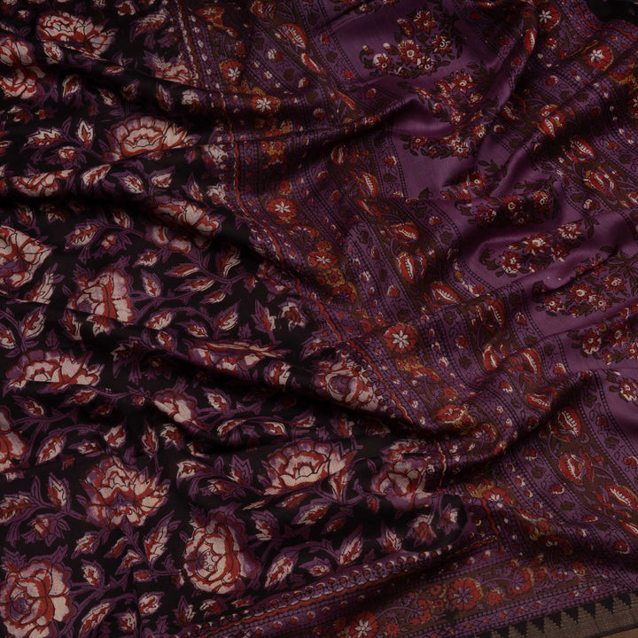 Black Chanderi Silk Saree with Ajrakh Print & Temple Border