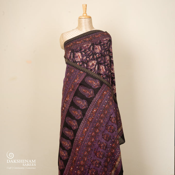 Black Chanderi Silk Saree with Ajrakh Print & Temple Border