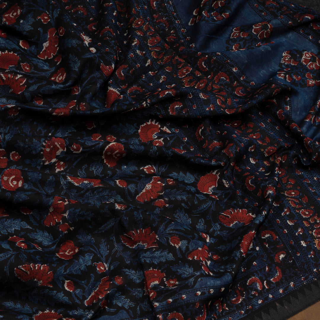 Black Chanderi Silk Saree with Ajrakh Print & Temple Border