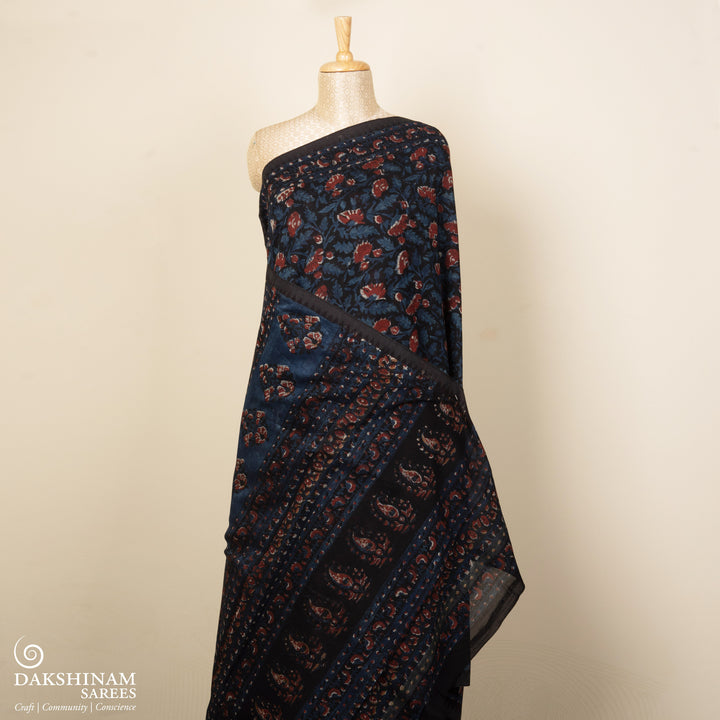 Black Chanderi Silk Saree with Ajrakh Print & Temple Border