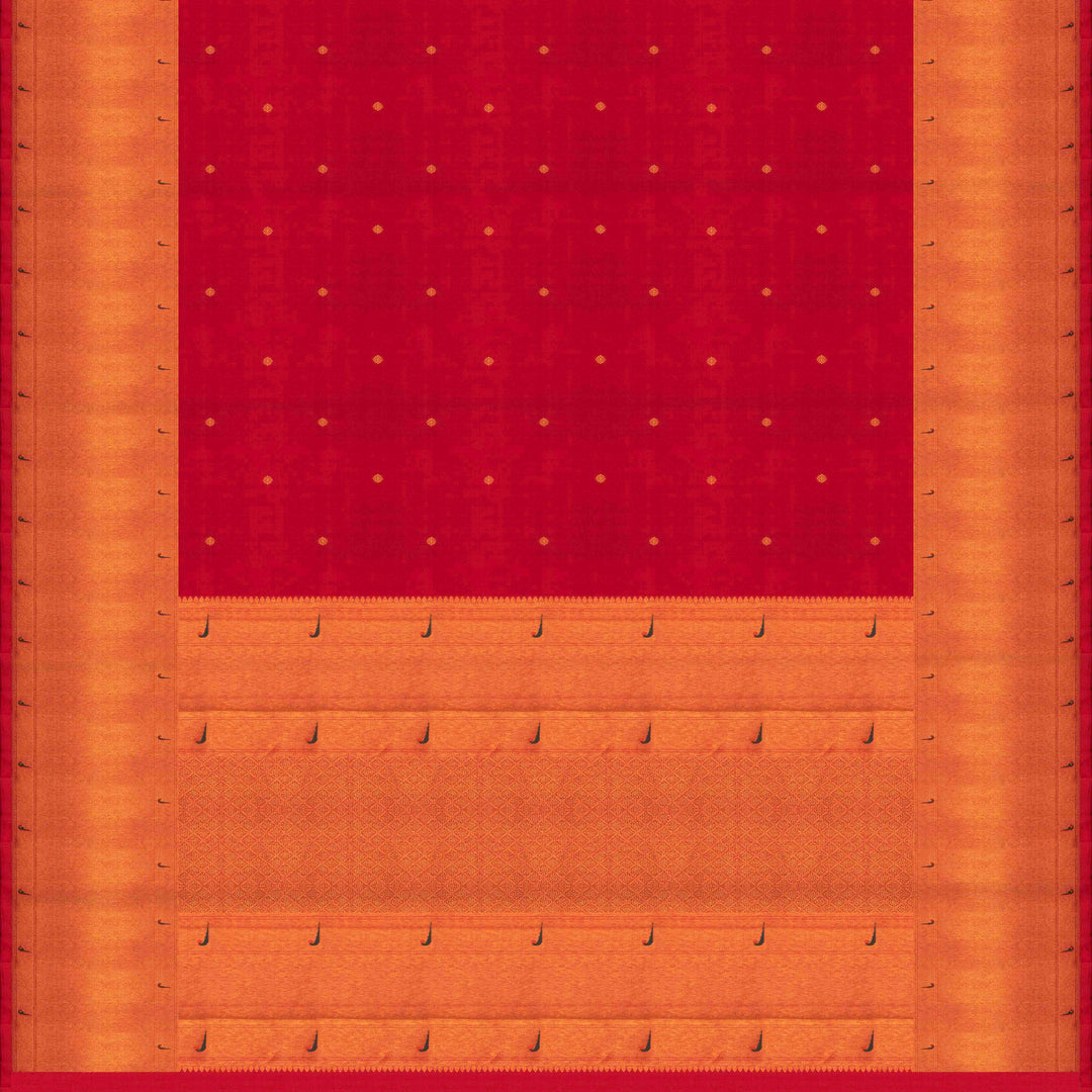 Red Kanjivaram silk saree with gold zari floral butta, Paithani border and diamond butta pallu with matching blouse