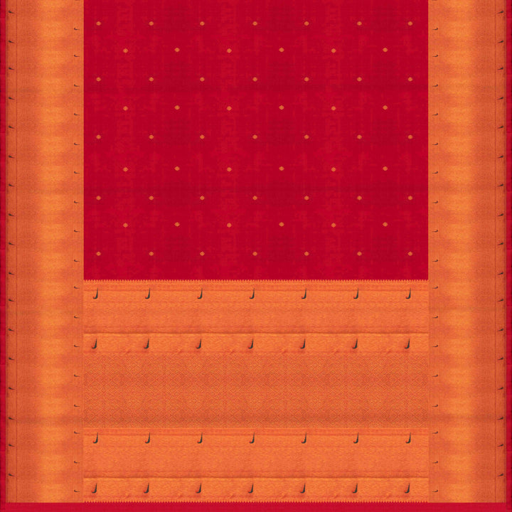 Red Kanjivaram silk saree with gold zari floral butta, Paithani border and diamond butta pallu with matching blouse