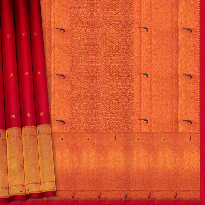 Red Kanjivaram silk saree with gold zari floral butta, Paithani border and diamond butta pallu with matching blouse