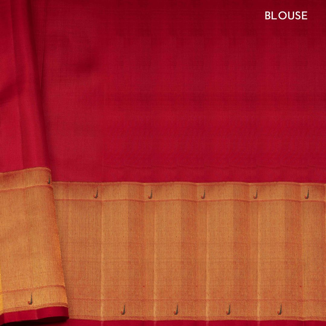 Red Kanjivaram silk saree with gold zari floral butta, Paithani border and diamond butta pallu with matching blouse
