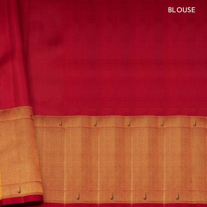 Red Kanjivaram silk saree with gold zari floral butta, Paithani border and diamond butta pallu with matching blouse