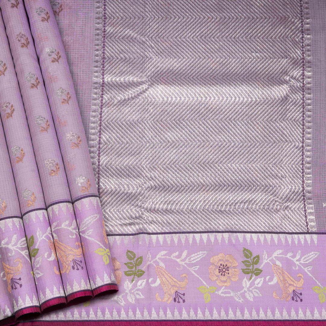 Purple Kota doria silk saree with silver zari floral butta, chevron pallu and floral zari border with yellow blouse