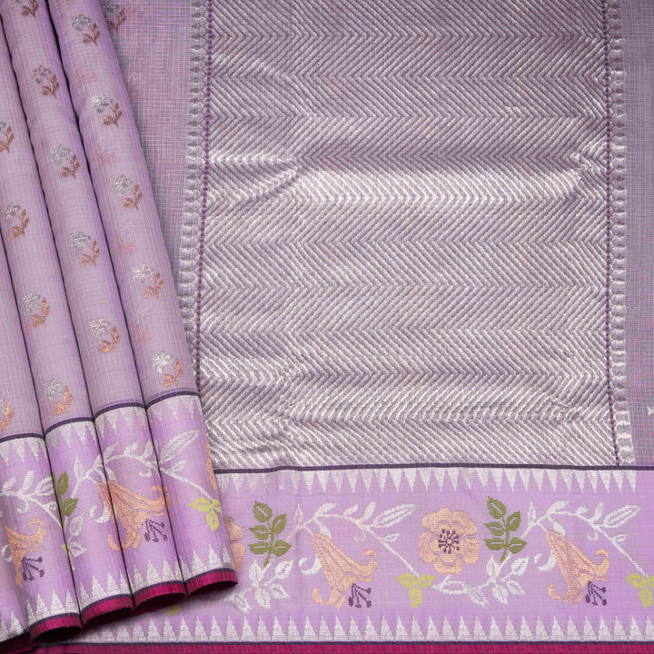 Purple Kota doria silk saree with silver zari floral butta, chevron pallu and floral zari border with yellow blouse