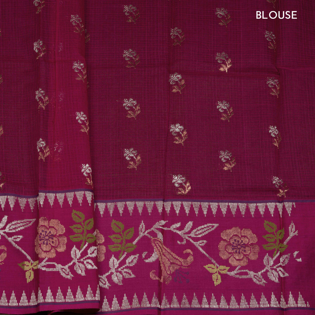 Purple Kota doria silk saree with silver zari floral butta, chevron pallu and floral zari border with yellow blouse