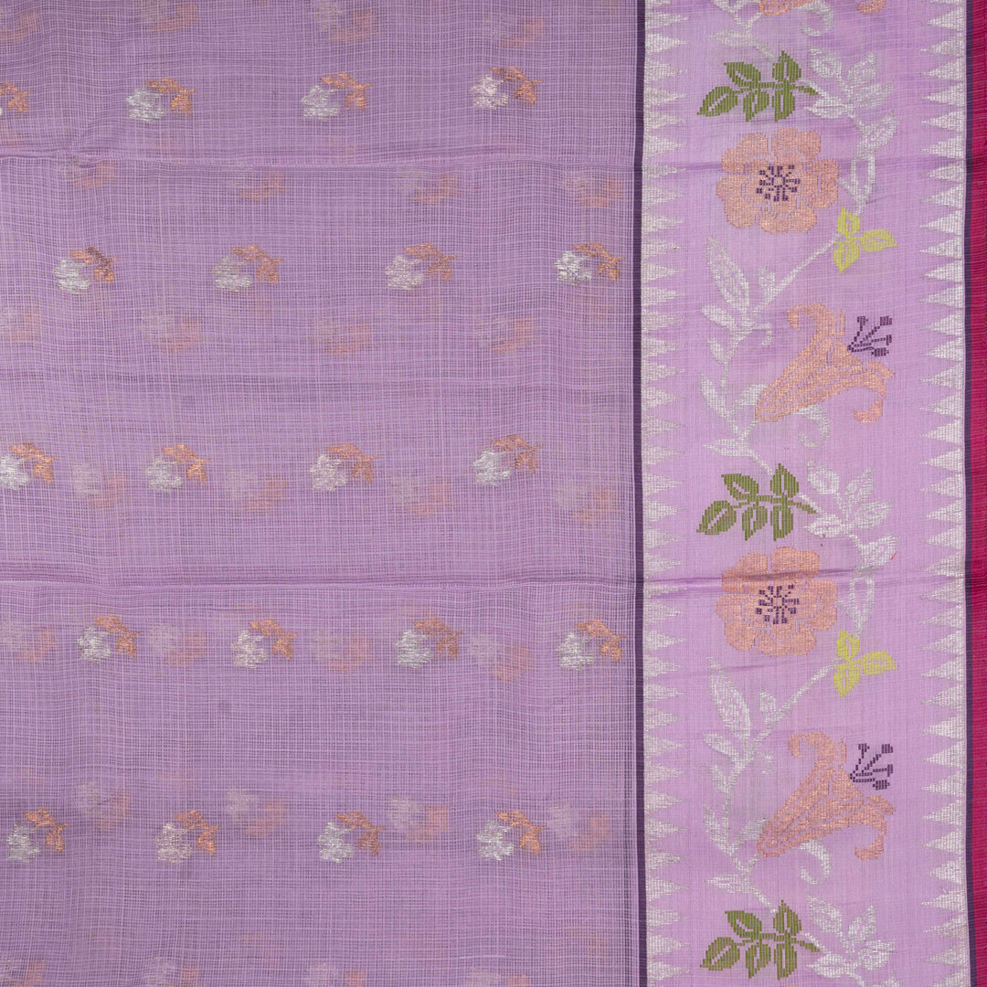 Purple Kota doria silk saree with silver zari floral butta, chevron pallu and floral zari border with yellow blouse