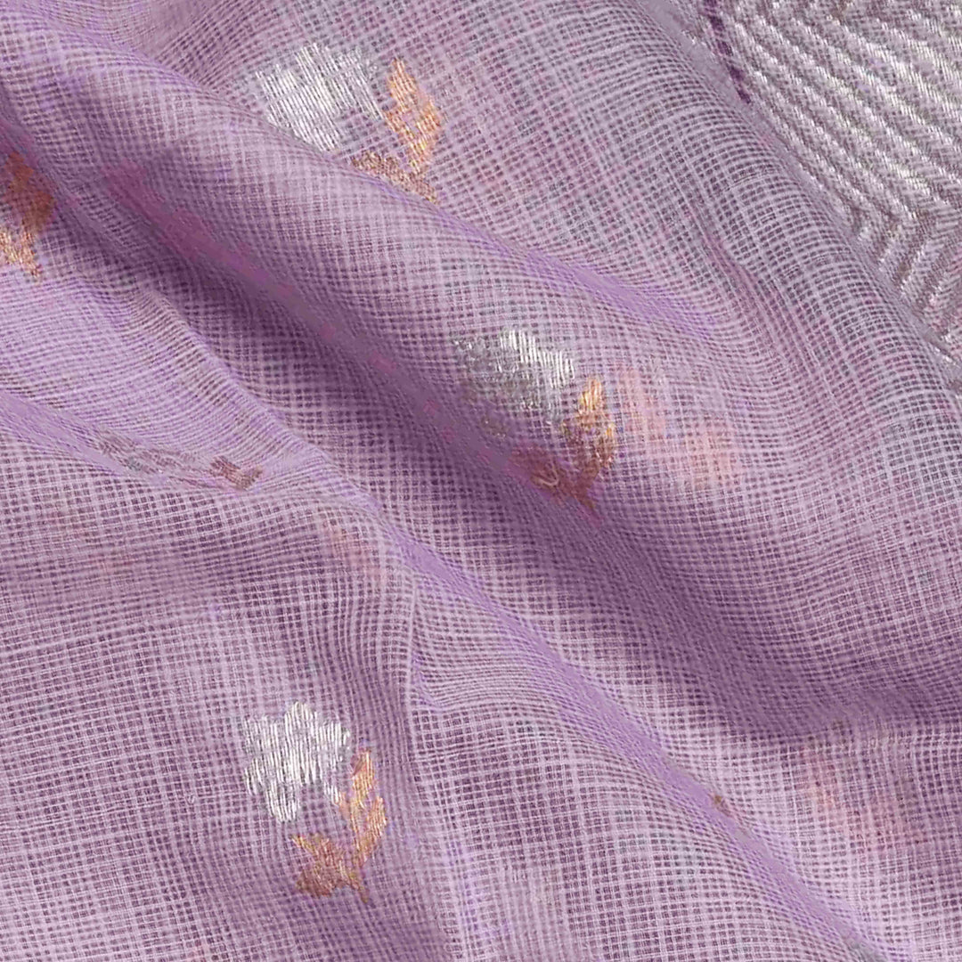 Purple Kota doria silk saree with silver zari floral butta, chevron pallu and floral zari border with yellow blouse