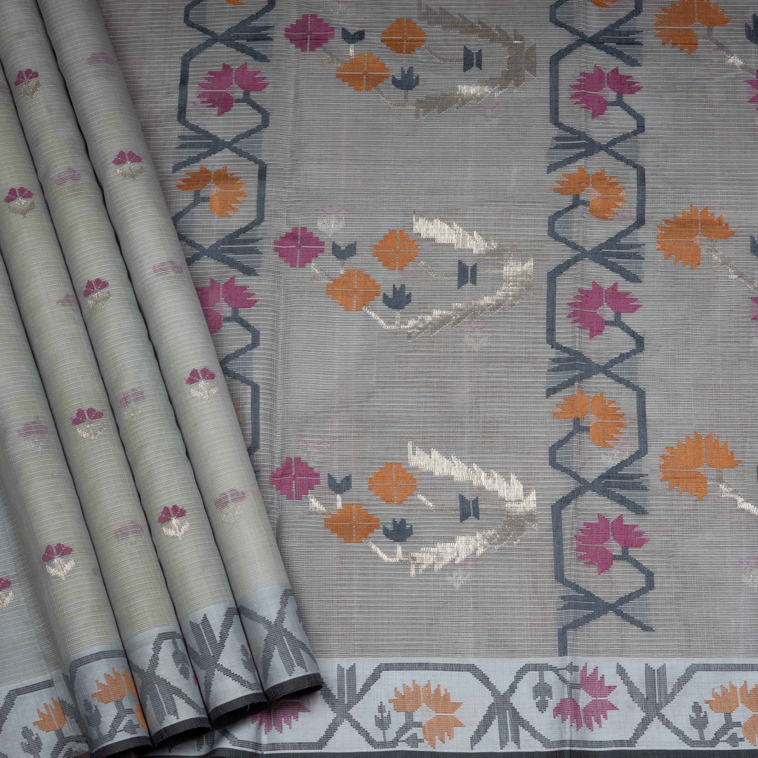 Grey Kota doria silk saree with silver zari floral butta, floral pallu and vine border with matching blouse
