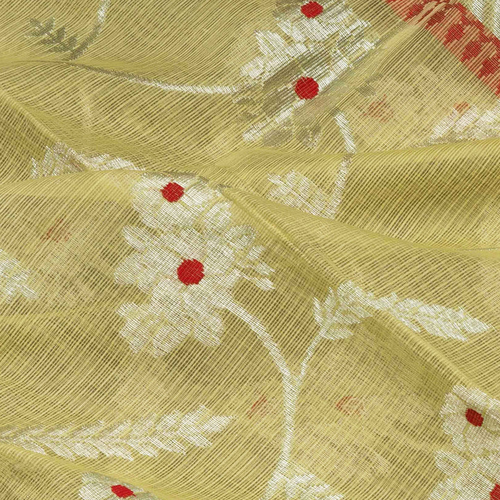 Lime yellow Kota doria silk saree with silver zari floral lines, chevron pallu and panel border with red blouse