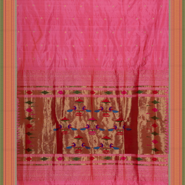 Pink silk Paithani saree with mango butta, diamond zari border and bird Paithani pallu with paneled lines and matching blouse