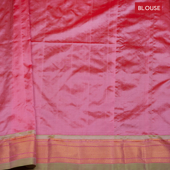 Pink silk Paithani saree with mango butta, diamond zari border and bird Paithani pallu with paneled lines and matching blouse