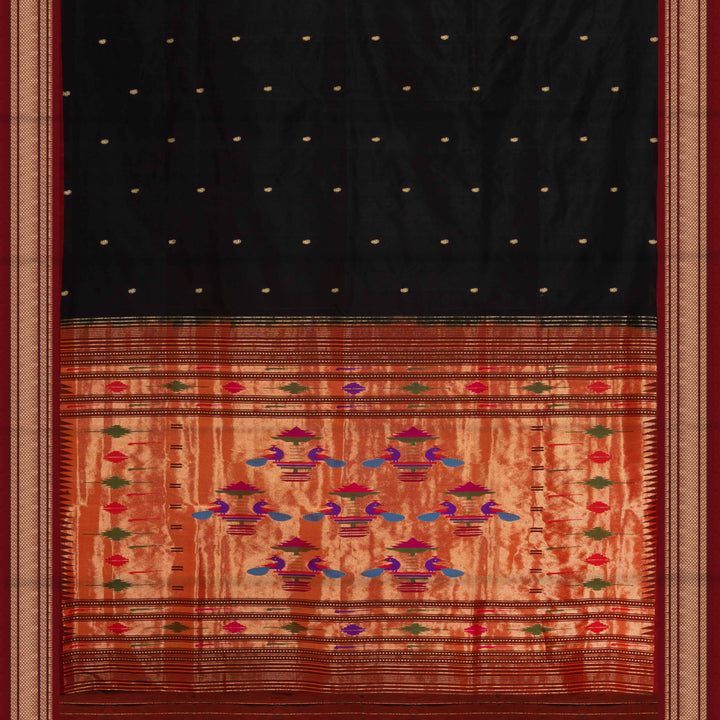 Black silk Paithani saree with mango butta, diamond zari border and bird Paithani pallu with paneled lines and matching blouse