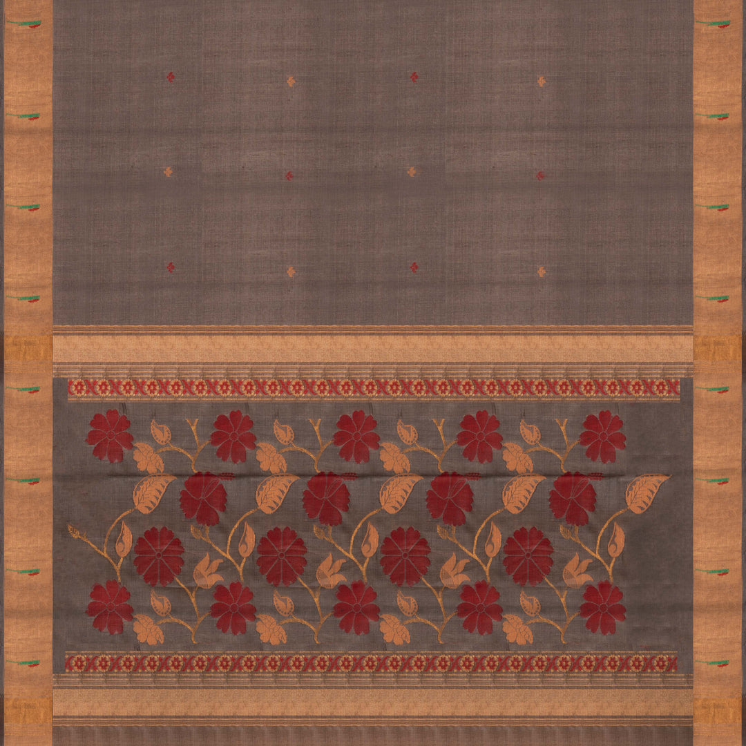Grey tussar silk Paithani saree with floral butta, gold zari border and red sandal jamdani floral pallu with matching blouse