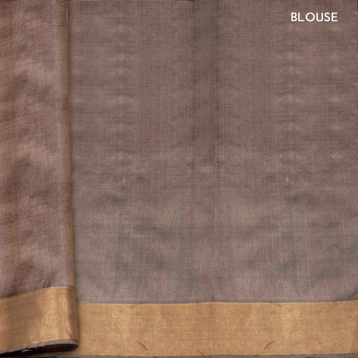 Grey tussar silk Paithani saree with floral butta, gold zari border and red sandal jamdani floral pallu with matching blouse