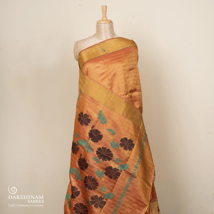 Orange tussar silk Paithani saree with gold zari checks, Paithani border and multicolor jamdani floral pallu with matching blouse