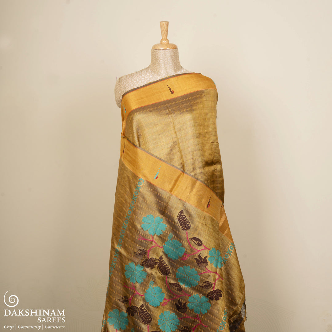 Mustard tussar silk Paithani saree with gold zari checks, Paithani border and multicolor jamdani floral pallu with matching blouse