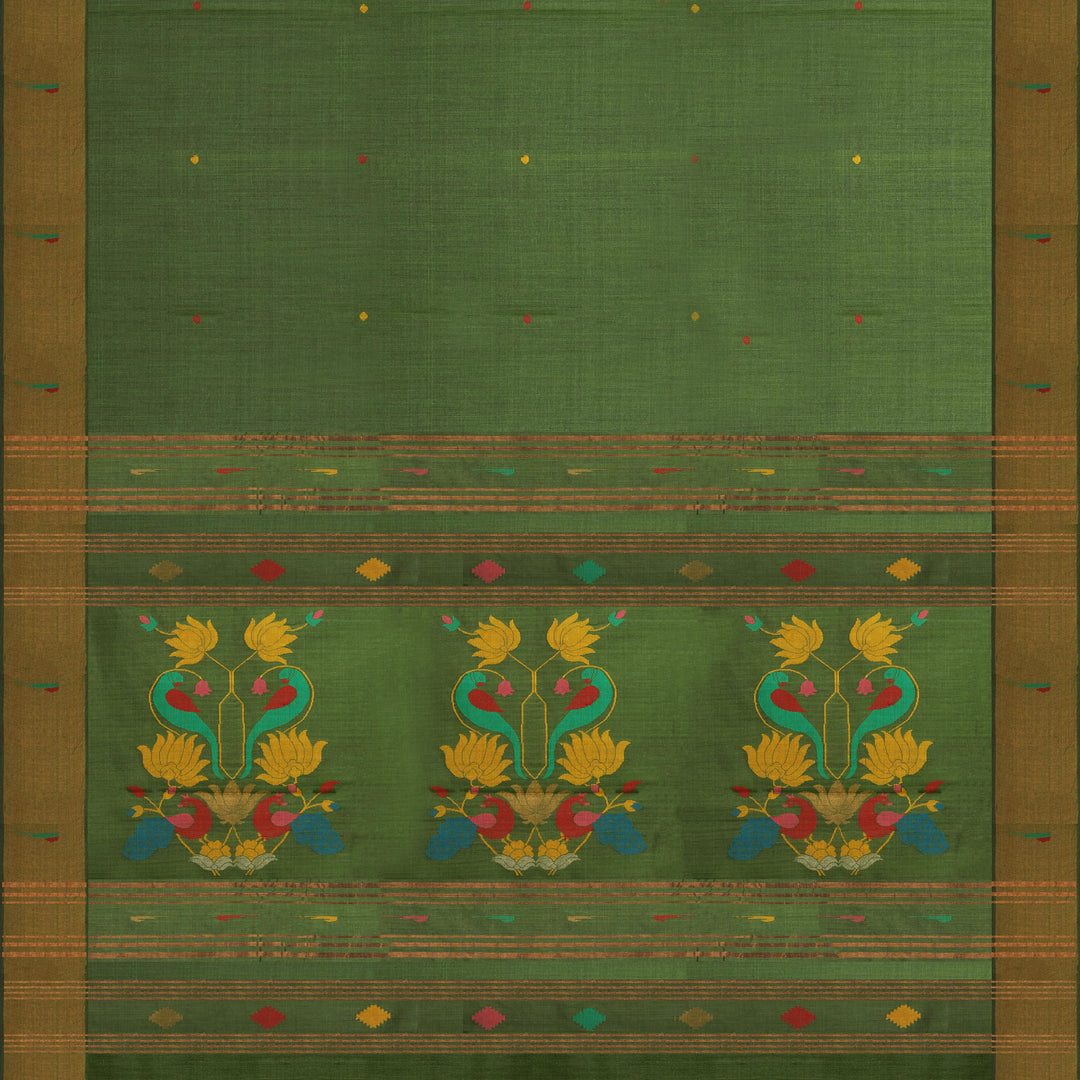Green tussar silk Paithani saree with dotted body, gold zari border and multicolor bird jamdani pallu with matching blouse