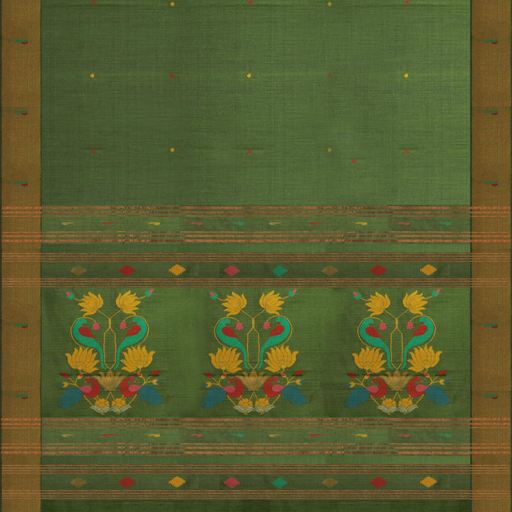 Green tussar silk Paithani saree with dotted body, gold zari border and multicolor bird jamdani pallu with matching blouse
