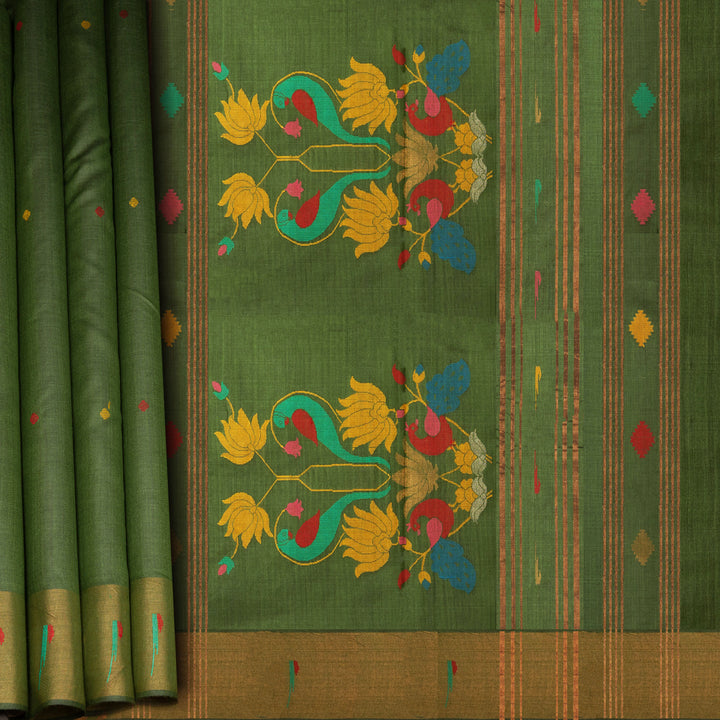 Green tussar silk Paithani saree with dotted body, gold zari border and multicolor bird jamdani pallu with matching blouse
