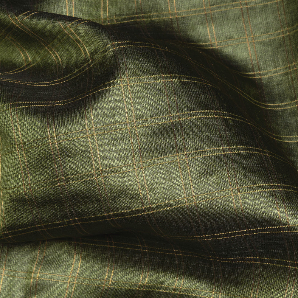 Green tussar silk Paithani saree with gold zari checks, Paithani border and multicolor jamdani floral pallu with matching blouse