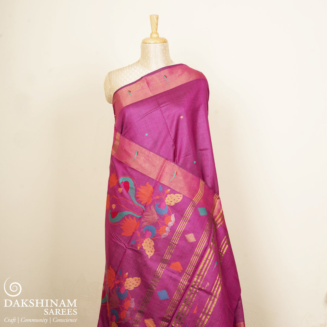 Pink tussar silk Paithani saree with dotted body, gold zari border and multicolor bird jamdani pallu with matching blouse