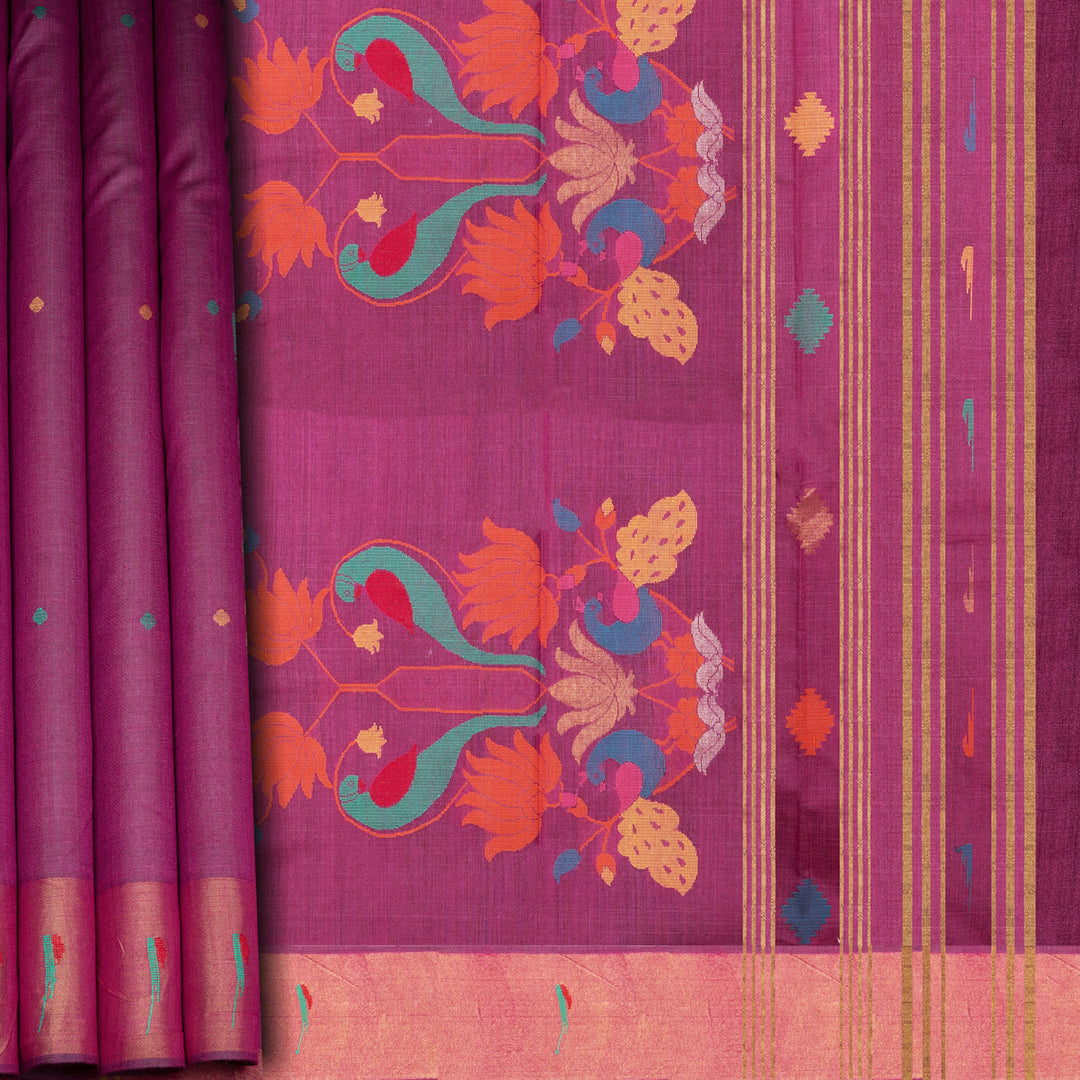 Pink tussar silk Paithani saree with dotted body, gold zari border and multicolor bird jamdani pallu with matching blouse