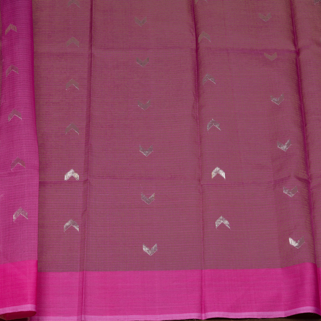 Light green Kota doria silk saree with silver zari floral motifs, silk thread flowers, diamond pallu and pink border with matching blouse