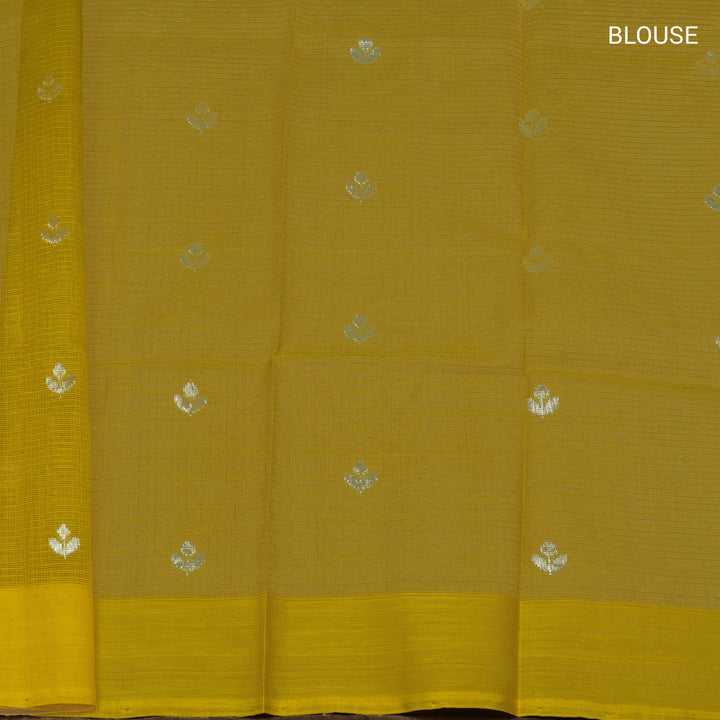 Violet Kota doria silk saree with silver zari bird motifs, silk thread birds, monotone pallu and yellow border with matching blouse