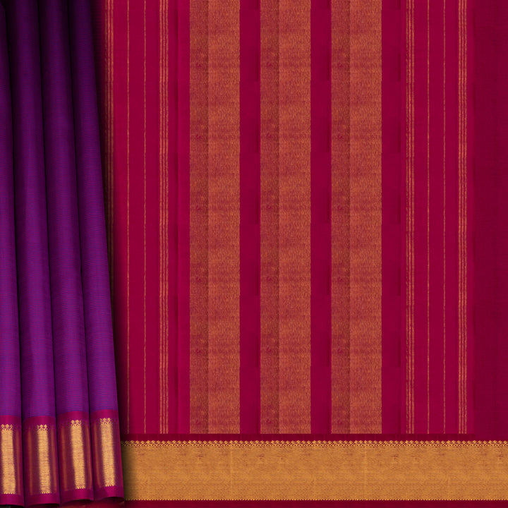 Violet Kanjivaram silk saree with pink small checks, magenta gold zari border and panel zari pallu with matching blouse