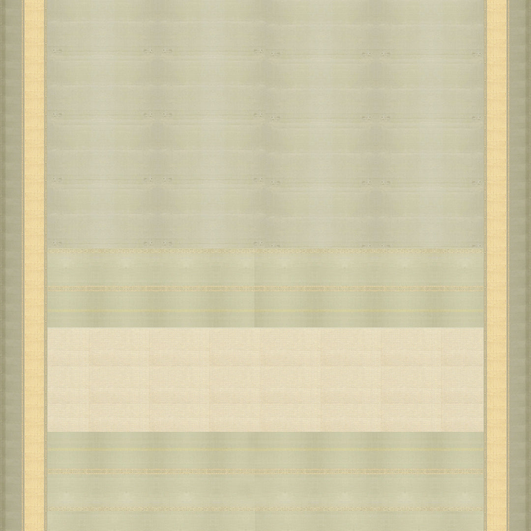 Light green Kanjivaram silk saree with gold zari diagonal chevron lines and striped panel pallu with matching blouse