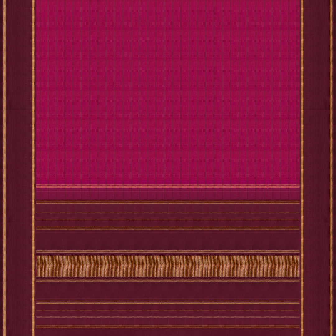 Magenta Kanjivaram silk saree with checks, maroon gold zari rettapet border and striped pallu with matching blouse